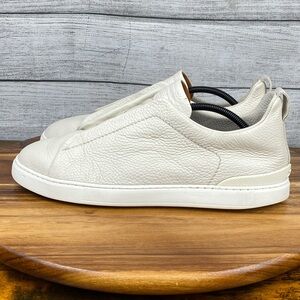 ZEGNA Men's Triple Stitch Deerskin Leather Sneakers Off White Shoe Size 10.5